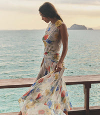 White Floral Print Draped Asymmetric Maxi Dress