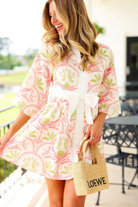Pink & Green Tropical Palm Print Bow Mini Dress