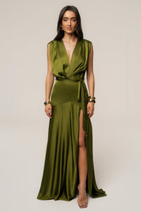 Olive Green Draped V-Neck Slit Maxi Dress