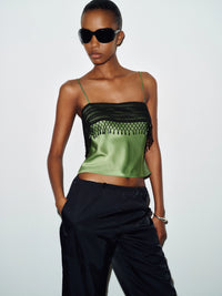 Olive Green Satin Beaded-Trim Top