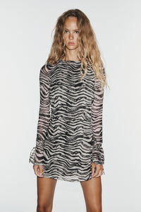 Chic Flared-Sleeve Zebra Vacation Mini Dress