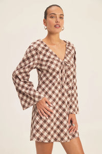 Brown Gingham Tie-Front Shift Linen Mini Dress