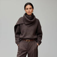 Dark Brown Scarf-Collar Ribbed Knit Sweater