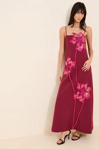 Burgundy Sequin Floral Appliqué Maxi Dress