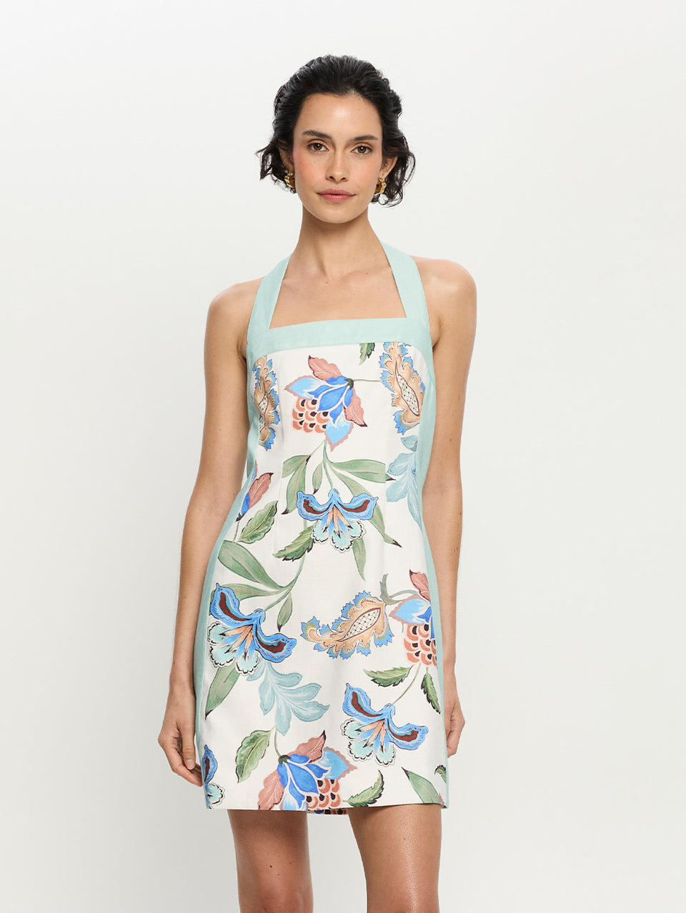 Featuring  vibrant blue and earth-toned floral botanical print, halter straps,this dress is the ultimate statement piece for sunny resort getaways.