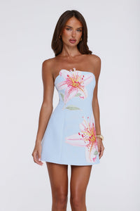 Sky Blue Floral Appliqué Strapless Mini Dress
