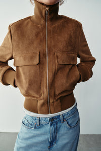 Chic Mock-Neck Faux Suede Jacket
