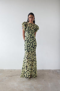 Art Deco Floral Crinkle Chiffon Maxi Dress