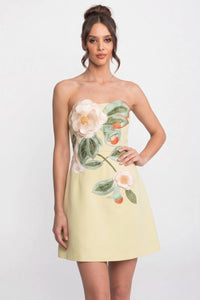 Pastel Yellow 3D Floral Appliqué Strapless Mini Dress