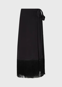 Black Fringe-Trimmed Wrap Midi Skirt