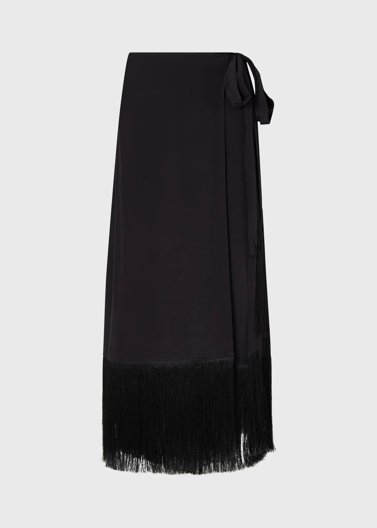 Featuring a flattering wrap silhouette, and fringe detailing along the hem and edges, this skirt is the ultimate statement piece for luxury resort getaways.