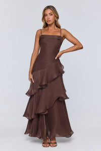 Chocolate Brown Ruffled Tiered Satin Maxi Dress