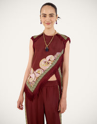 Burgundy Ornate Scarf-Print Fringe Set