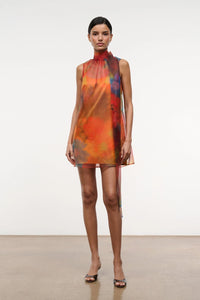 Sunset Watercolor Tie-Neck Chiffon Mini Dress