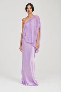 Lavender One-Shoulder Pleated Draped Maxi Dress