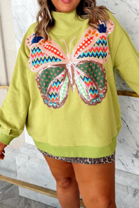 Olive Green Butterfly Sequin Patchwork Sweatshirt