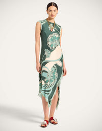 Green Art Nouveau Fringed Satin Midi Dress