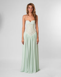 Green Lace Corset Halter Maxi Dress