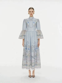 Blue Botanical Printed Bell-Sleeve Maxi Dress