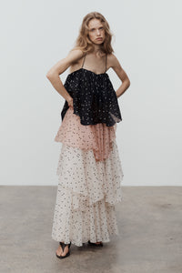Multi-Color Polka Dot Layered Ruffle Maxi Dress