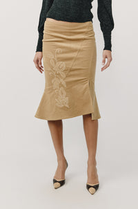 Camel Embroidered Asymmetrical Hem Midi Skirt