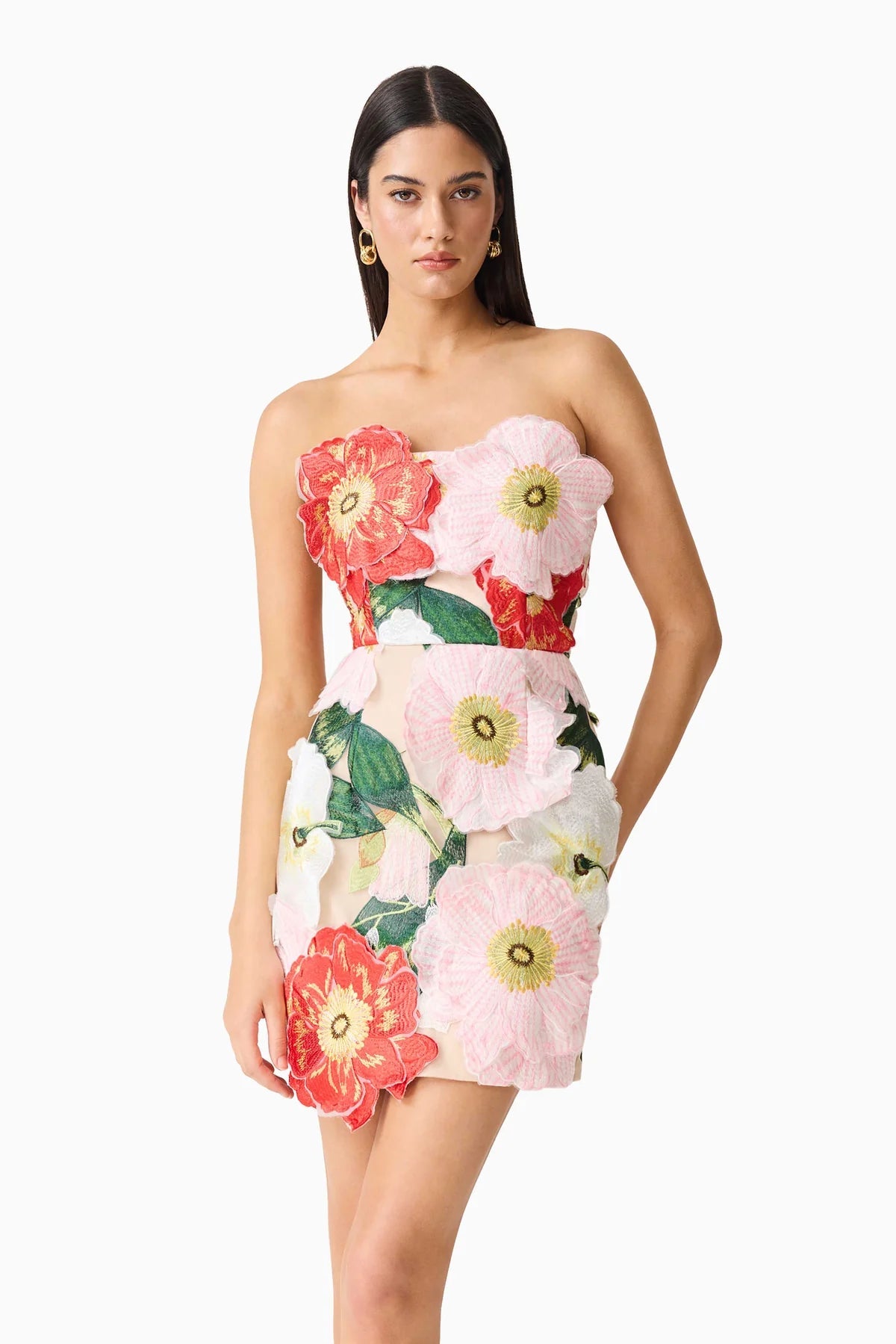 Featuring a vibrant 3D floral appliqués , a clean strapless bustier neckline, this dress is the ultimate statement piece for luxury resort getaways.