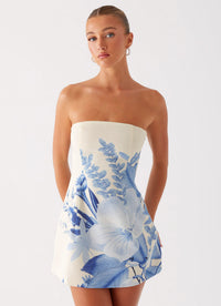 Blue Floral Print Strapless Mini Dress