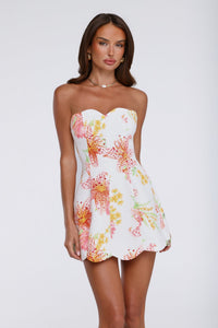 White and Pink Lily Print Scallop-Hem Strapless Mini Dress