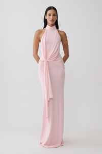 Pink Mock-Neck Draped Knot Maxi Dress