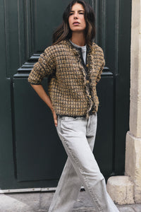 Brown Tweed Fringe Trim Cropped Jacket