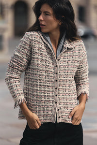 Multi-Color Tweed Fringe-Trimmed Knit Jacket
