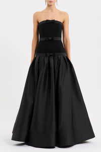 Black Bow-Embellished Strapless Satin Maxi Dress