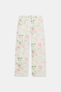 Pink Floral Print High-Rise Wide-Leg Denim Pants