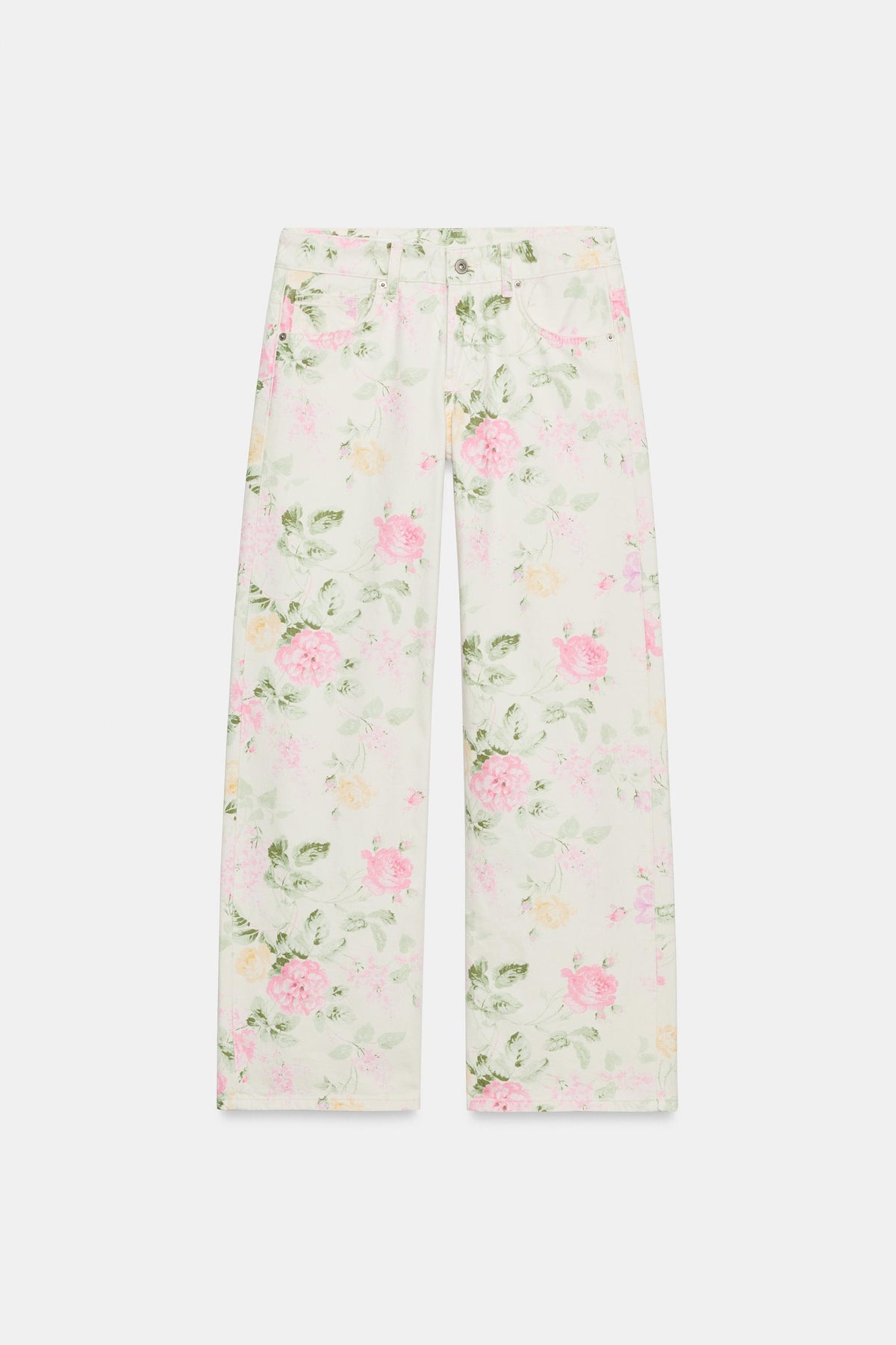 Featuring romantic pink roses, yellow blooms, and green foliage prints,these trousers are the ultimate statement piece for luxury resort getaways.