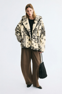 Black and White Paisley Print Sherpa Fleece Jacket