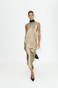 Champagne Contrast Black High-Neck Midi Dress
