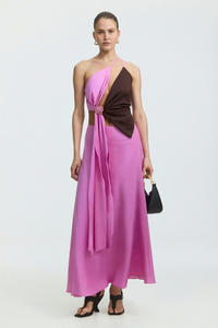 Pink and Brown Color-Block Ring-Detailed Maxi Dress