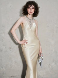 Champagne Satin Beaded Halter Maxi Dress
