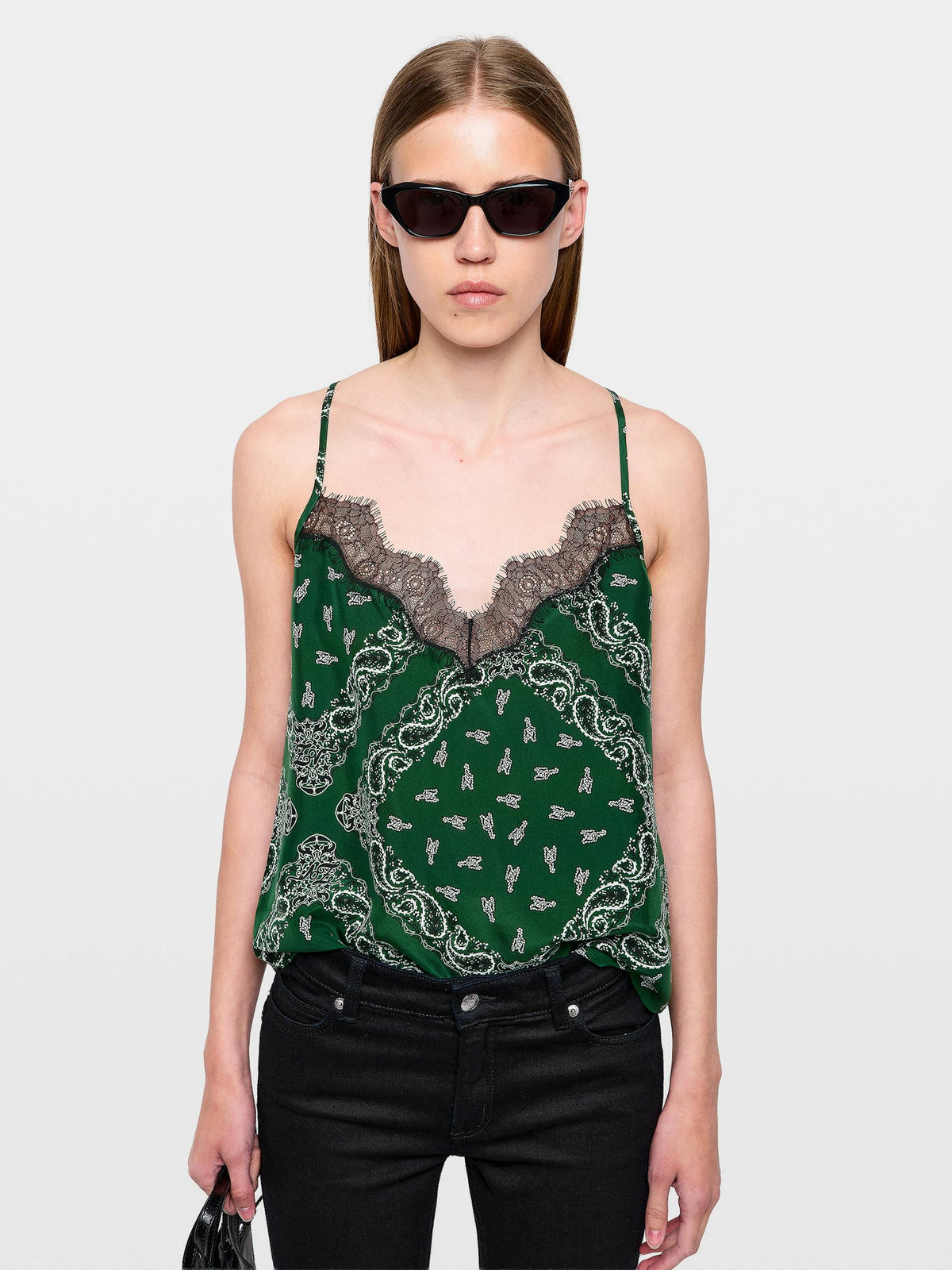 Featuring a bandana motifs, delicate contrast black lace trim along the V-neckline,this top is the ultimate statement piece for luxury resort getaways.