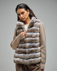 Taupe Faux-Fur and Knit Paneled Zip-Up Jacket