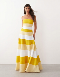 Yellow and White Striped Strapless Maxi Dress