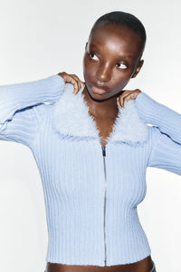 Ribbed Knit Faux-Fur Collar Top