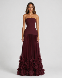 Burgundy Pleated Petal Hem Maxi Dress