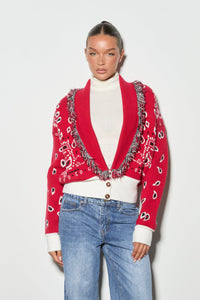 Red Paisley Print Fringe-Trimmed Knit Coat