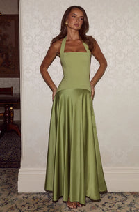 Olive Green Halter Mixed-Media Satin Maxi Dress