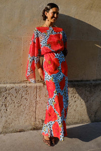 Blue and Red Poppy Print Boat-Neck Maxi Dress