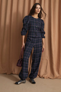 Plaid Button-Front Blouse and Pants Set