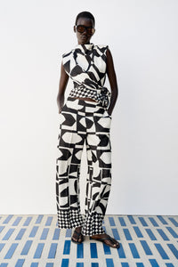Black and White Geometric Print Wrap Top