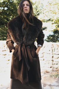 Brown Faux-Fur Collar Belted Trench Coat