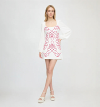White and Red Scroll Square-Neck Mini Dress